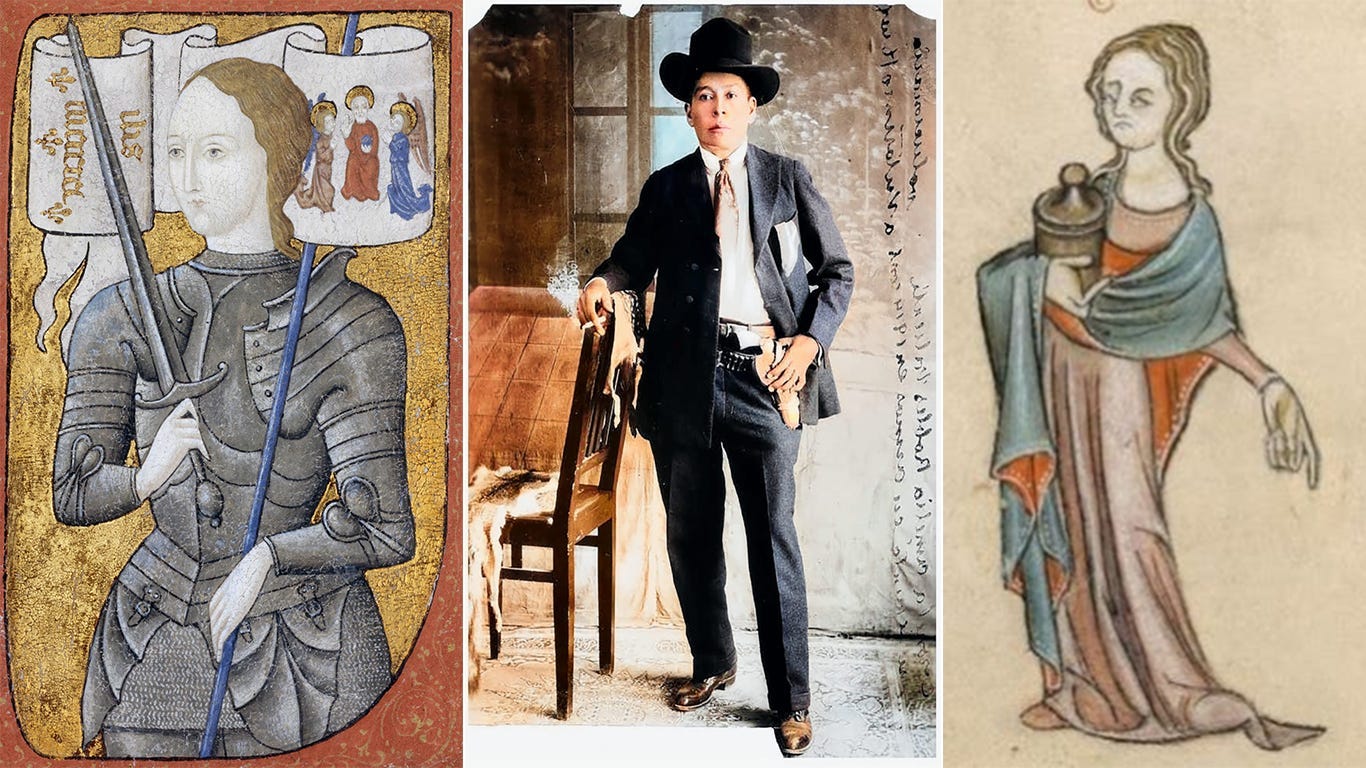 A triptych of three images showing an illustration of Joan of Arc, a colourised photograph of Amelio Robles Avila and an illustration of a medieval woman.