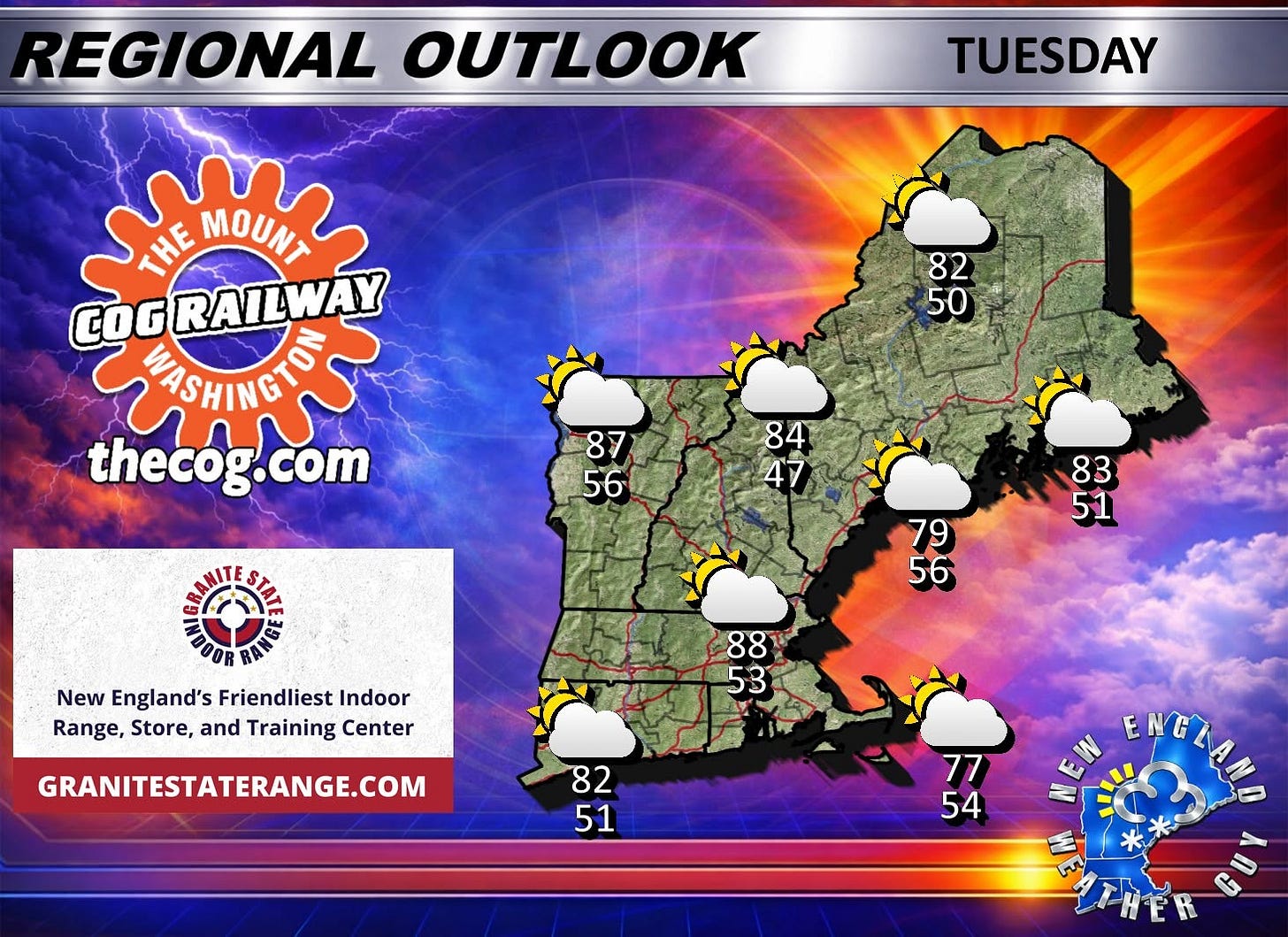 May be a graphic of map and text that says 'REGIONAL OUTLOOK TUESDAY THE MOUNT COGRAILWAY COG RAILWAY VASHINGTO thecog.com 82 50 87 7 8 56 84 47 83 51 79 56 New England's Friendliest Indoor Range, Store, and Training Center 88 53 GRANITESTATERANGE.COM 82 51 77 54 لانا ENELALLO ENG' May be a graphic of map and text that says 'REGIONAL OUTLOOK TUESDAY THE MOUNT COGRAILWAY COG RAILWAY VASHINGTO thecog.com 82 50 87 7 8 56 84 47 83 51 79 56 New England's Friendliest Indoor Range, Store, and Training Center 88 53 GRANITESTATERANGE.COM 82 51 77 54 لانا ENELALLO ENG'