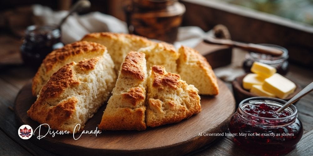 Freshly baked bannock sliced into wedges with butter and jam.