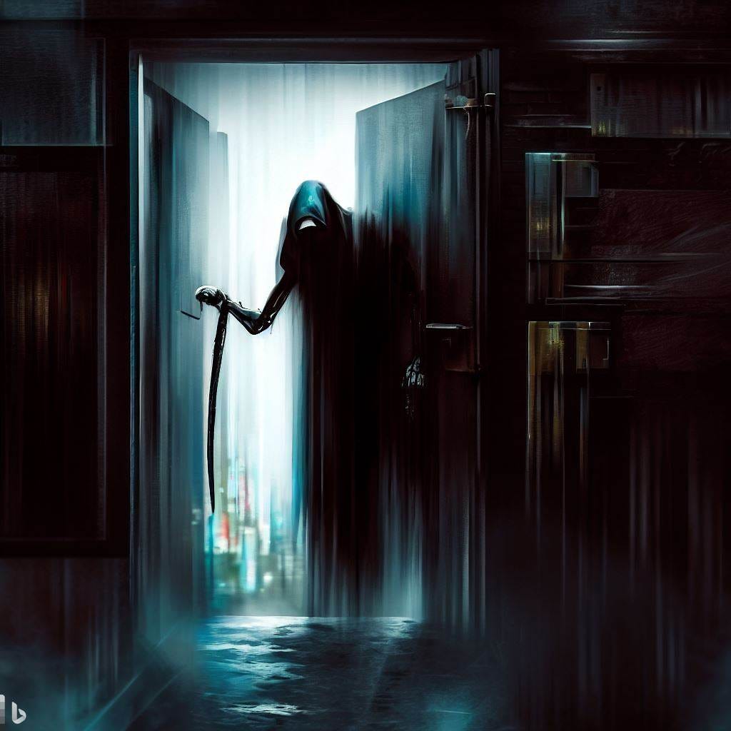 a digital art of the grim reaper knocking on the door in a dark alleyway of a business district