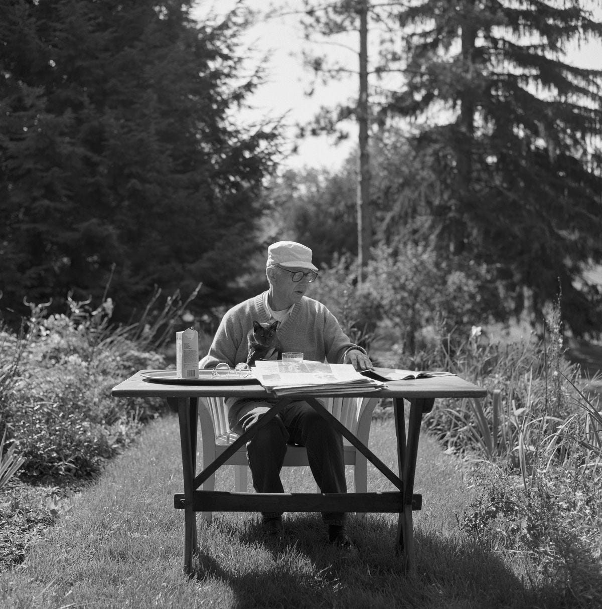 Ellsworth Kelly and cat eating and reading outdoors, 1994 Jack Shear, courtesy Ellsworth Kelly Studio. © Ellsworth Kelly Foundation Ellsworth Kelly and cat eating and reading outdoors, 1994 Jack Shear, courtesy Ellsworth Kelly Studio. © Ellsworth Kelly Foundation
