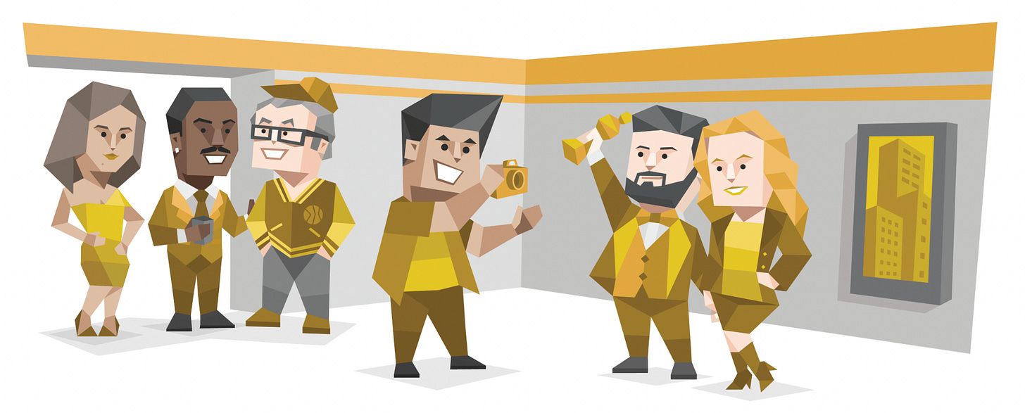 An ESFP (Entertainer) man taking a photo of two colleagues holding up a trophy. Three more colleagues are chatting behind them and everyone is celebrating at an office party.