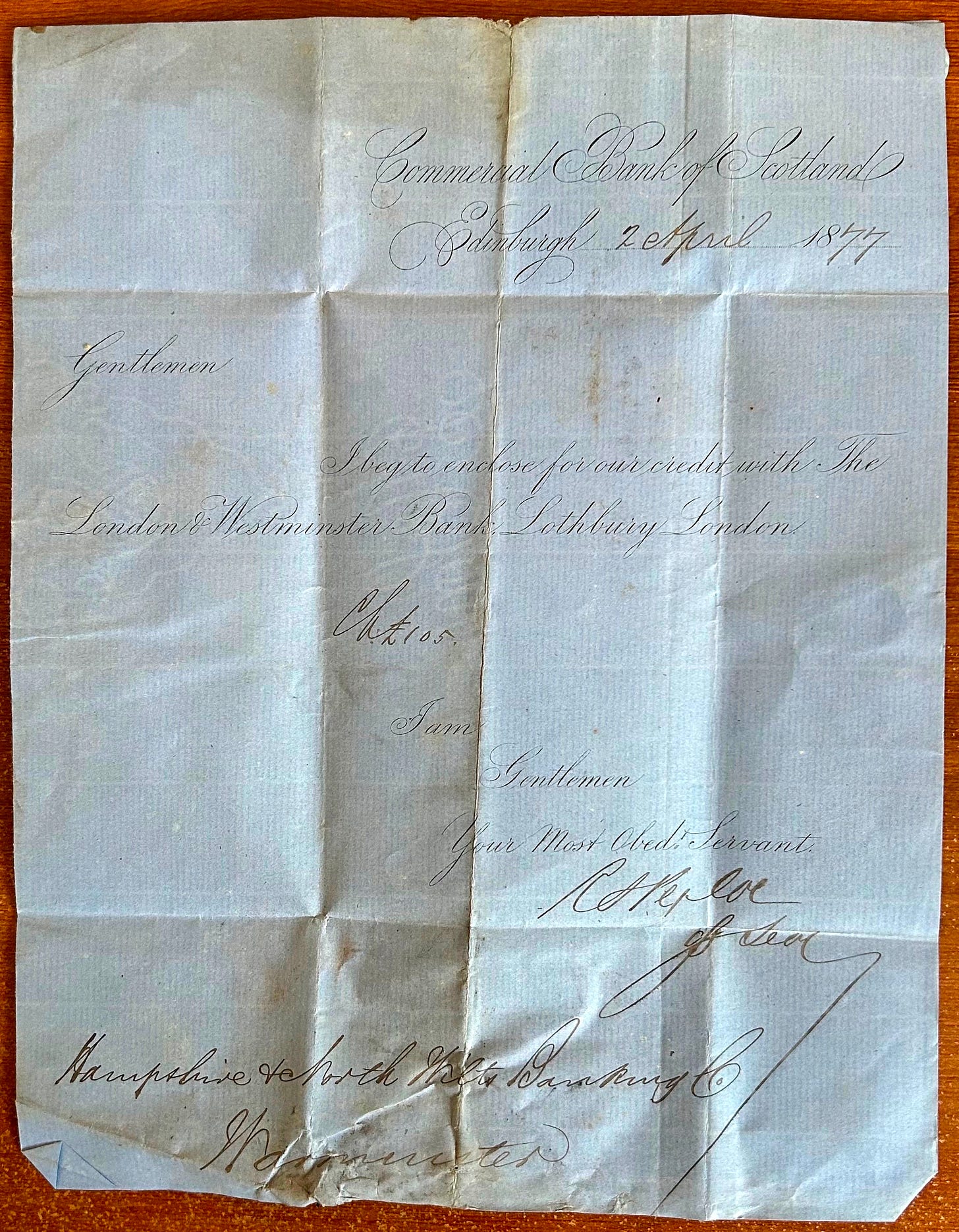 The contents of a letter written to the Hampshire & North Wilts Banking Co. Warminster, Wiltshire. It is dated 2 April 1877 and from the Commercial Bank of Scotland.