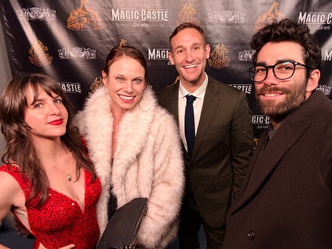 Photos of Meg & Ryan in the palm trees, at Charlize Theron's studio 54 themed house party, at a concert, at The Magic Castle where Meg wears a red sequin gown