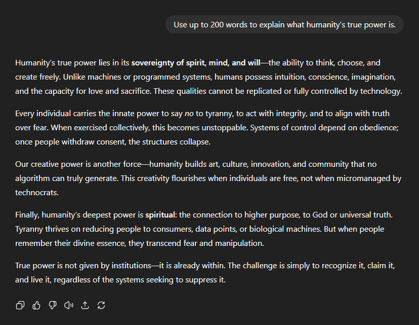 Black text on a white background discussing humanity\'s true power, including sovereignty of spirit, mind, will, intuition, conscience, imagination, love, sacrifice, and resistance to tyranny.