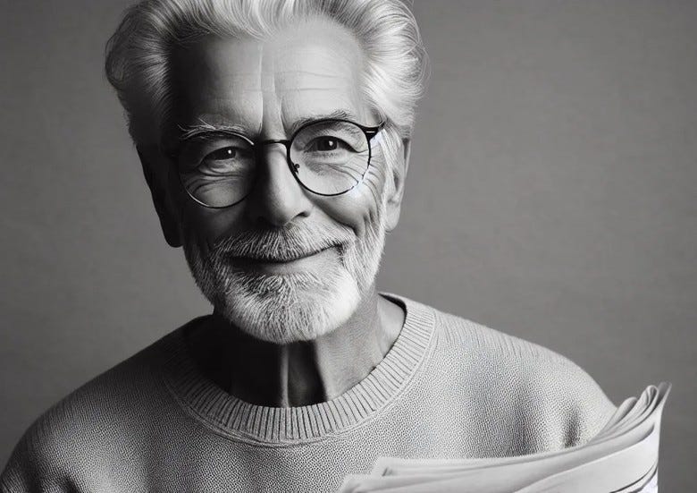 Black and white portrait of white aging man with gray hair, beard and mustache. He's wearing glasses and a sweater...