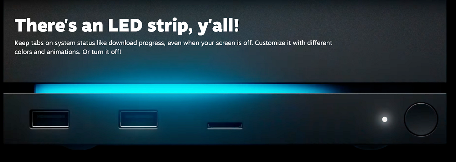 (screenshot from the Steam Machine 2.0 store page of a section in the features titled “There’s an LED strip, y’all!”) (screenshot from the Steam Machine 2.0 store page of a section in the features titled “There’s an LED strip, y’all!”)