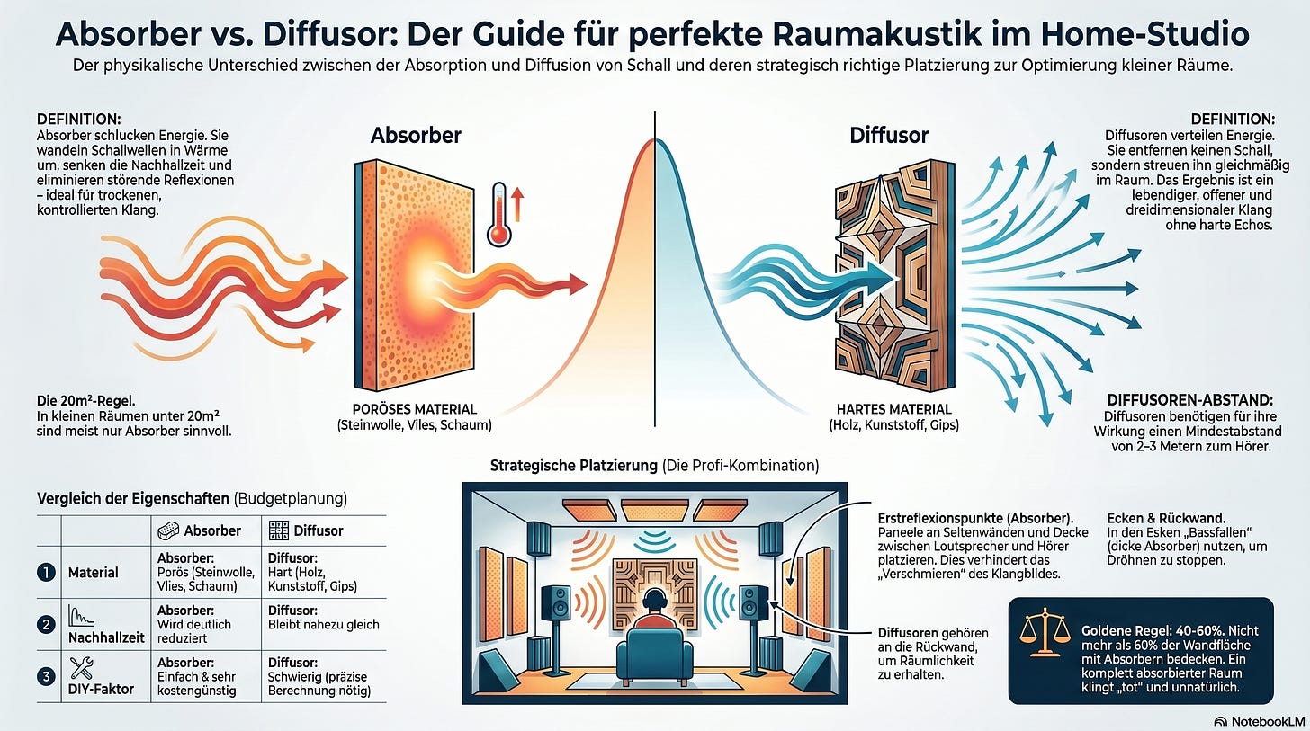 Infografik mit dem Titel „Absorber vs. Diffusor: Der Guide für perfekte Raumakustik im Home-Studio“. Links wird der Absorber dargestellt, der Schallwellen in Wärme umwandelt, rechts der Diffusor, der Schall gleichmäßig im Raum streut. Eine zentrale Kurve veranschaulicht das Verhalten, darunter eine Vergleichstabelle zu Material, Nachhallzeit und DIY-Faktor sowie eine schematische Raumdarstellung mit strategischer Platzierung der Elemente.