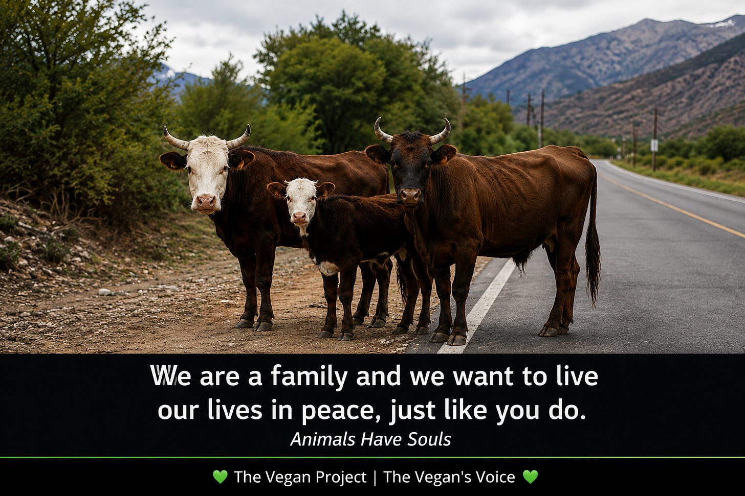 A square photo-style vegan meme showing a small family group of cows standing together beside a rural road with trees and mountains in the background. A dark text panel states, “We are a family and we want to live our lives in peace, just like you do.” The image includes the phrase “Animals Have Souls” and the footer “The Vegan Project | The Vegan’s Voice.”