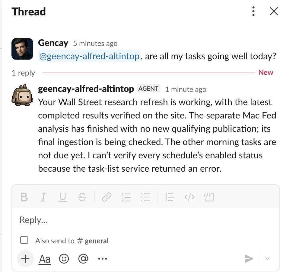 Slack thread where Alfred Altintop answers whether all tasks are going well today