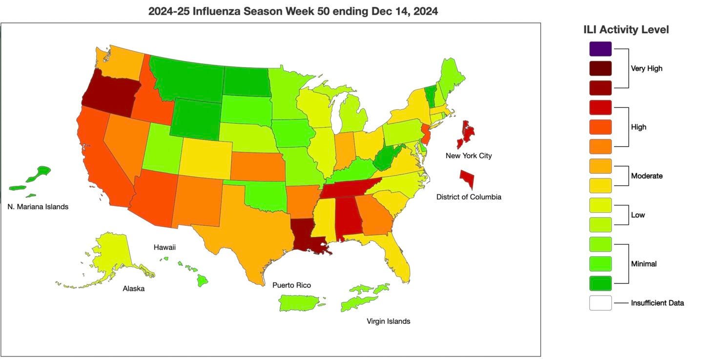 map of flu rates in the us, showing oregon and louisiana with the highest map of flu rates in the us, showing oregon and louisiana with the highest