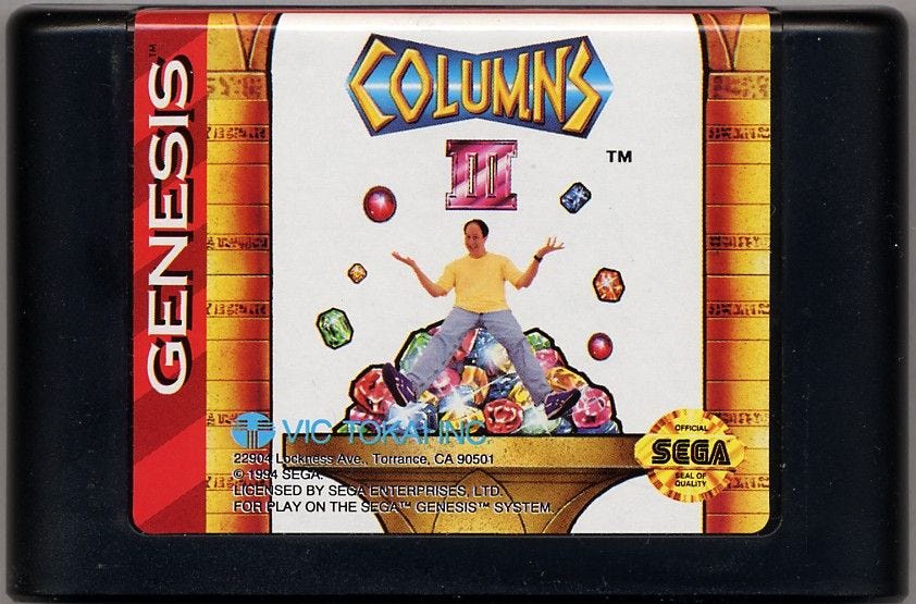 Genesis game cartridge for "Columns III." A person stands triumphantly on colorful gems with text logos. Energetic and playful design.