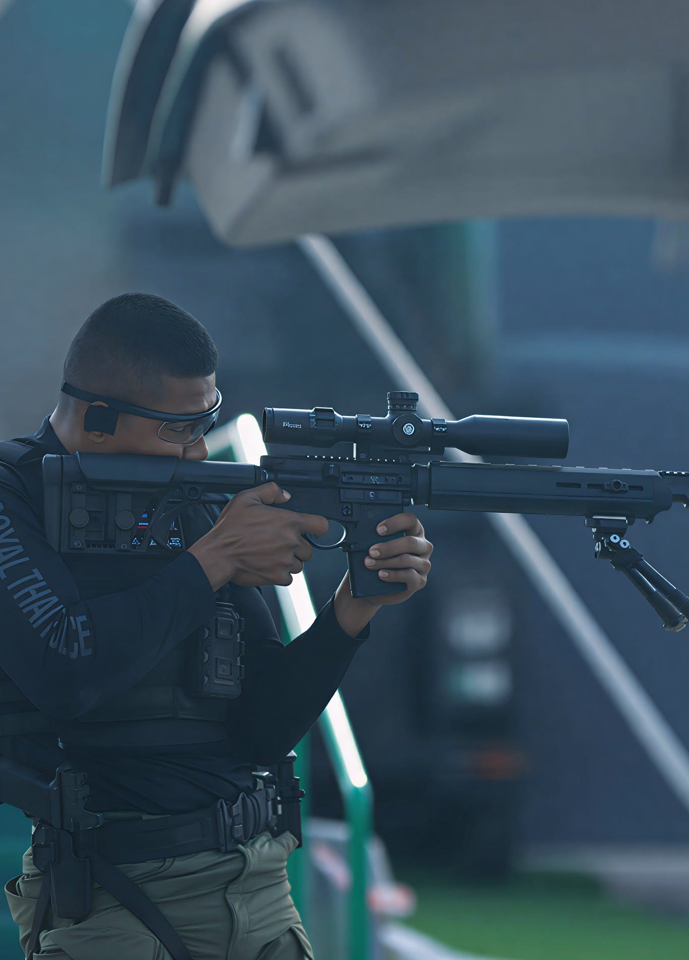 A close-up photograph of a sniper from the Royal Thai Police B team participating in the UAE SWAT Challenge 2026. The officer is in profile, wearing protective eyewear and a black tactical shirt with the text "ROYAL THAI POLICE" clearly visible on the sleeve, aiming a precision rifle equipped with a large scope and bipod. His right eye is looking through the optic. This level of focus and specialized equipment helped propel his team to achieve an historic global Top 5 ranking, placing 5th in the final general standings of the competition. The setting is in Dubai, with the blurred structures of an outdoor range and the vehicle from which he is deploying visible through hazy air. A close-up photograph of a sniper from the Royal Thai Police B team participating in the UAE SWAT Challenge 2026. The officer is in profile, wearing protective eyewear and a black tactical shirt with the text "ROYAL THAI POLICE" clearly visible on the sleeve, aiming a precision rifle equipped with a large scope and bipod. His right eye is looking through the optic. This level of focus and specialized equipment helped propel his team to achieve an historic global Top 5 ranking, placing 5th in the final general standings of the competition. The setting is in Dubai, with the blurred structures of an outdoor range and the vehicle from which he is deploying visible through hazy air.