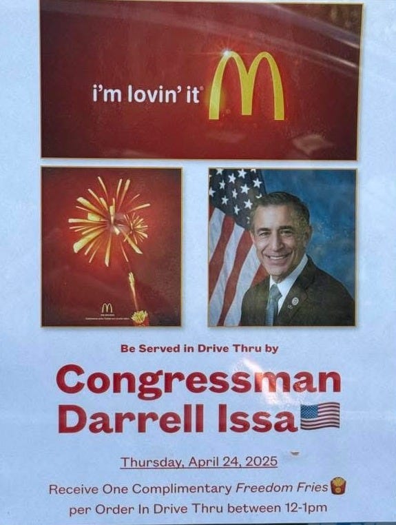 Poster at San Marcos McDonalds advertising appearance by Rep. Darrell Issa