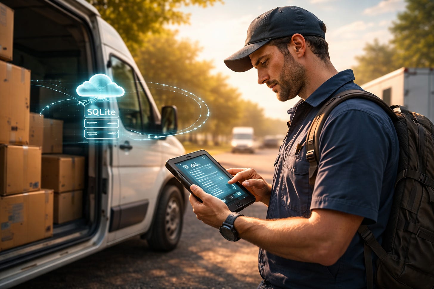 A delivery driver using a tablet near a van with a glowing SQLite cloud data visualization. A delivery driver using a tablet near a van with a glowing SQLite cloud data visualization.