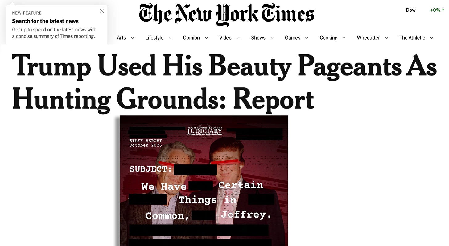 Imagined headline on New York Times website: Trump Used his beauty pageants as hunting grounds: report Imagined headline on New York Times website: Trump Used his beauty pageants as hunting grounds: report