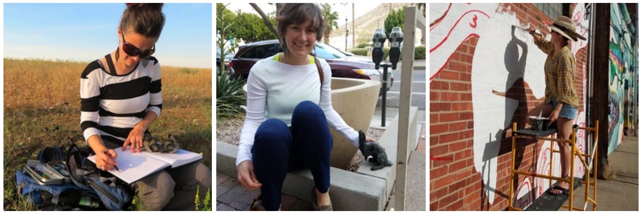 Set of three photos, in a row. All depict a woman in her 30s. Left picture shows her outdoors, drawing in a big sketchbook, with binoculars nearby. Middle picture shows her sitting on a curb in a city, near a very small statue of a rabbit. Right one shows her in an alley, on scaffolding, painting a mural on a brick wall.