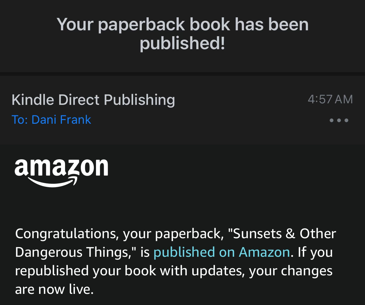 Screenshot of an email titled: Your paperback book is has been published!