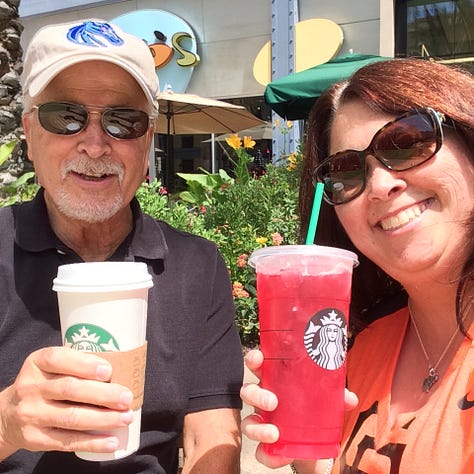 Image 1: A girl and her father in front of the tower on the Berkley campus, smiling; Image 2: A man and his daughter dancing on a pier, being silly; Image 3: A man and his daughter with their Starbucks drinks smiling outside
