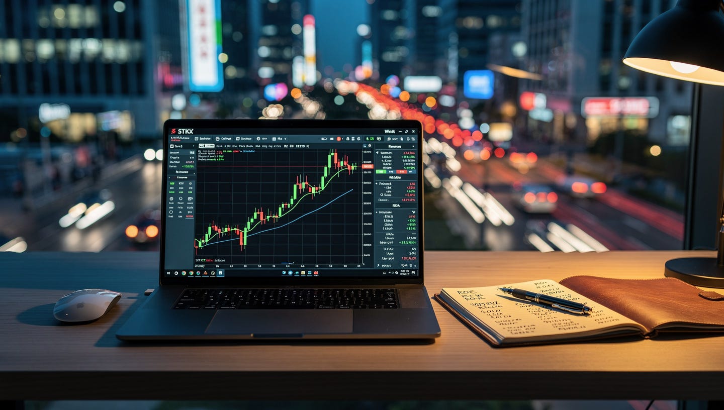 Hyper-realistic wide shot of a modern, minimalist home office desk at dusk. In the foreground, a high-end laptop screen displays a detailed financial analysis of a single stock with clean candlestick charts and balance sheet metrics. Next to the laptop, a leather-bound notebook with handwritten financial ratios and a fountain pen. In the blurred background, a large window shows a chaotic city at night. The lighting is moody and professional, with soft warm desk lamps contrasting with the cool blue light of the screen. Cinematic composition, 8k resolution, shot on 35mm lens, high detail, professional photography. Hyper-realistic wide shot of a modern, minimalist home office desk at dusk. In the foreground, a high-end laptop screen displays a detailed financial analysis of a single stock with clean candlestick charts and balance sheet metrics. Next to the laptop, a leather-bound notebook with handwritten financial ratios and a fountain pen. In the blurred background, a large window shows a chaotic city at night. The lighting is moody and professional, with soft warm desk lamps contrasting with the cool blue light of the screen. Cinematic composition, 8k resolution, shot on 35mm lens, high detail, professional photography.