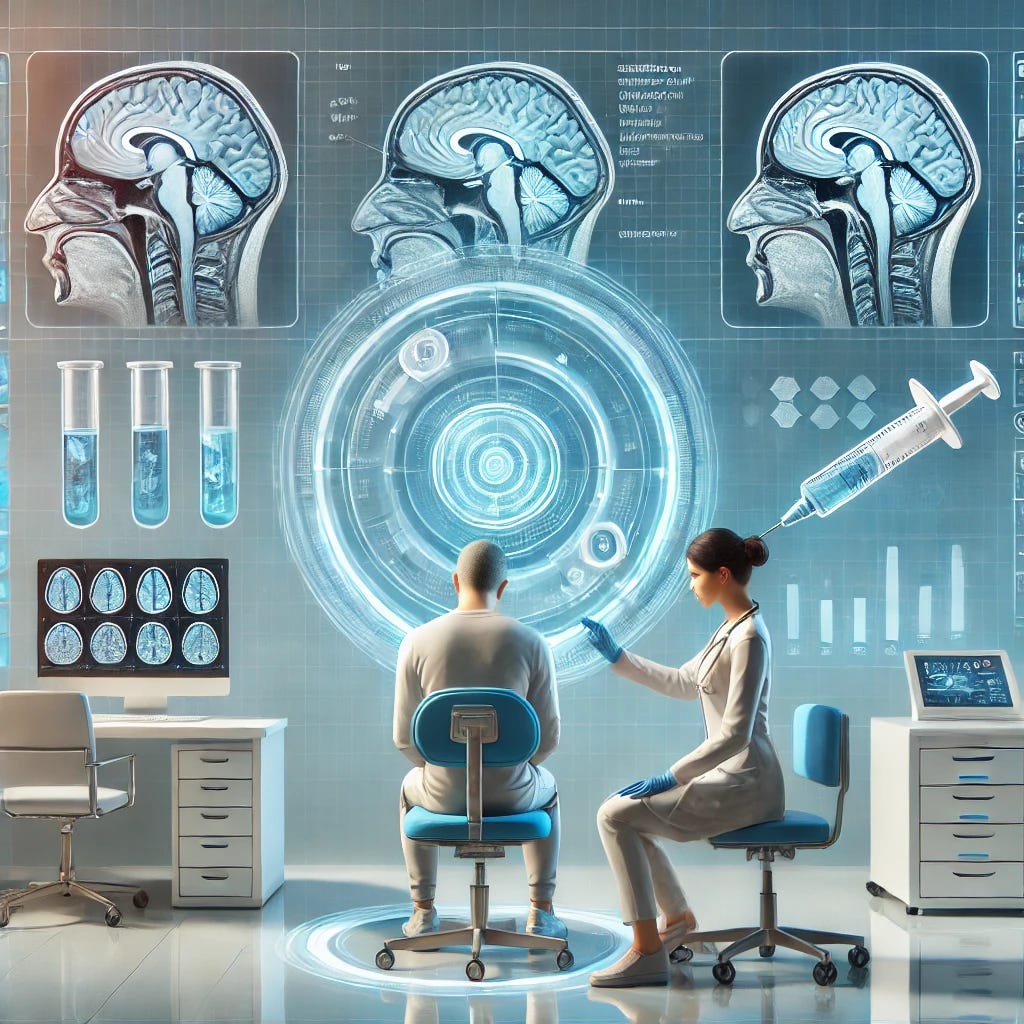 A medical-themed illustration depicting the concept of new treatment options for multiple sclerosis (MS). The image should show a futuristic medical environment with a healthcare professional administering a subcutaneous injection to a patient, symbolizing ease and innovation in treatment. The setting should include medical devices, charts displaying brain scans or MRI images typical of MS, and an overall clean and modern aesthetic. The patient should appear relaxed, emphasizing the convenience of the treatment. Avoid any identifiable features, and make the scene visually engaging and informative, reflecting the progress in MS care.