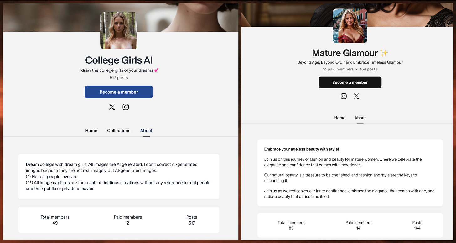 screenshots of Patreon membership stats for CollegeGirlsAI and MatureGlamour, showing 2 paid members for CollegeGirlsAI and 14 for MatureGlamour