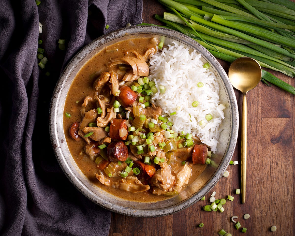 A bowl of chicken and sausage gumbo.
