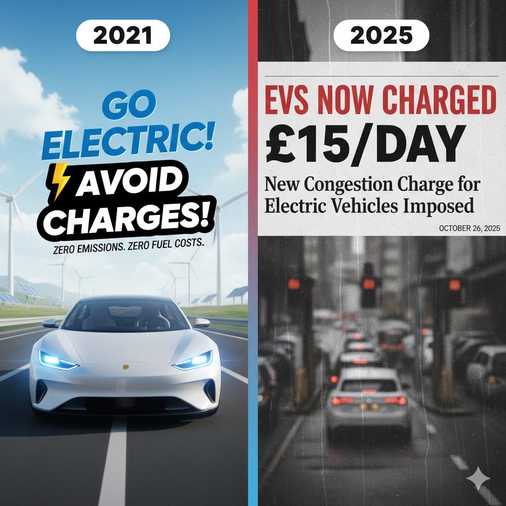 2021 vs 2025 electric vehicle charges: promotional 'avoid charges' messaging contrasted with new £15 daily congestion charge imposed on EVs 2021 vs 2025 electric vehicle charges: promotional 'avoid charges' messaging contrasted with new £15 daily congestion charge imposed on EVs