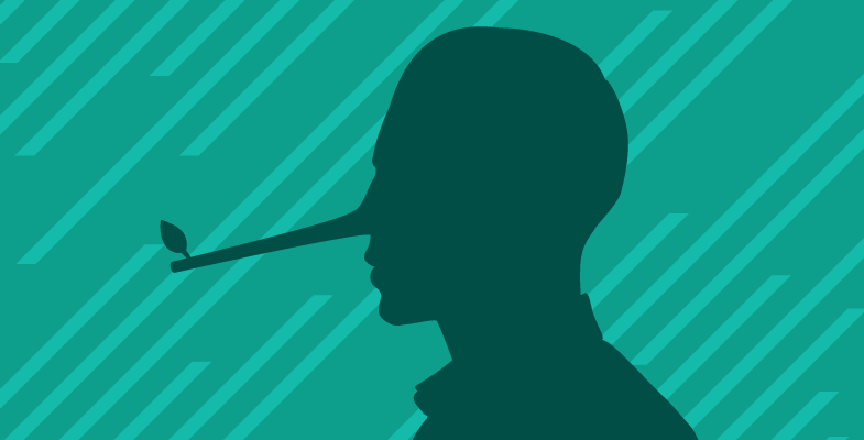 Illustrated silhouette of a man's head with long wooden "Pinocchio" nose representing lying.