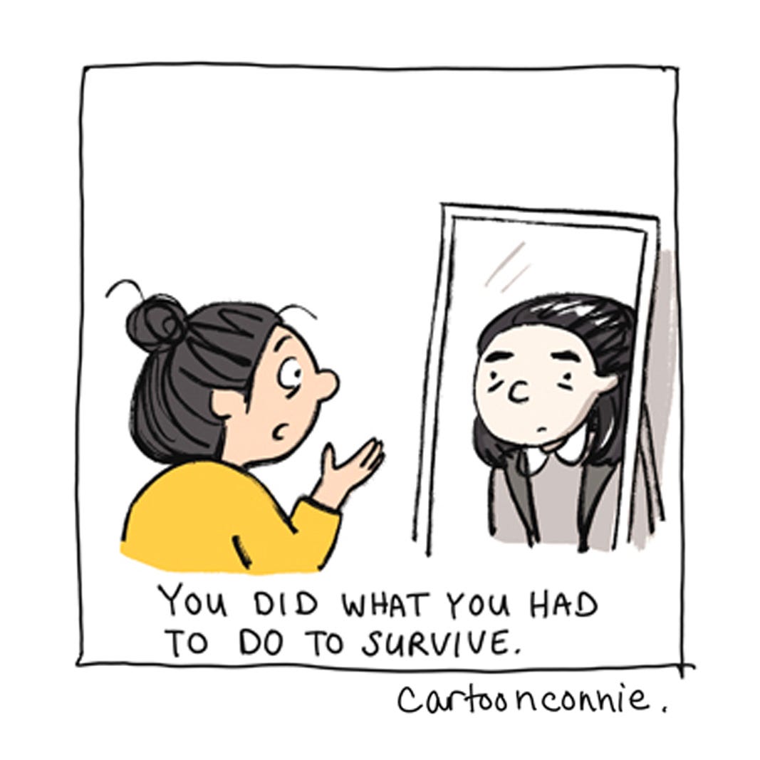 Panel 2 from a 6-panel comic strip about forgiving yourself and loving yourself, titled "A Valentine To My Younger Self." Original art by Connie Sun, cartoonconnie, 2026.