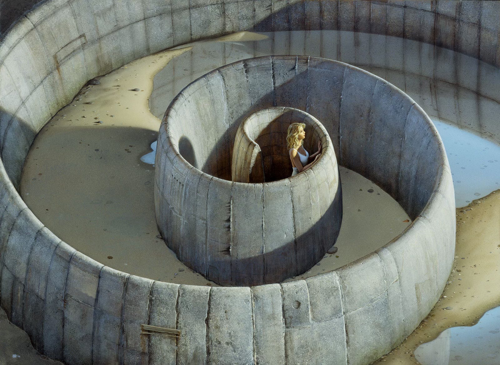Light cuts across a stone spiral leaving a sharp contrast of shadow and light on the curving walls. A blonde woman rests both hands on the concrete barrier as she peers over, her face illuminated. The wall wraps around her in a tight spiral, the same curve as an ammonite fossil as it unwinds from the origin where she stands. The damp sand is littered with smooth rocks and eventually covered with standing water that reflects the rectangular casted segments of the concrete walls. Light cuts across a stone spiral leaving a sharp contrast of shadow and light on the curving walls. A blonde woman rests both hands on the concrete barrier as she peers over, her face illuminated. The wall wraps around her in a tight spiral, the same curve as an ammonite fossil as it unwinds from the origin where she stands. The damp sand is littered with smooth rocks and eventually covered with standing water that reflects the rectangular casted segments of the concrete walls.