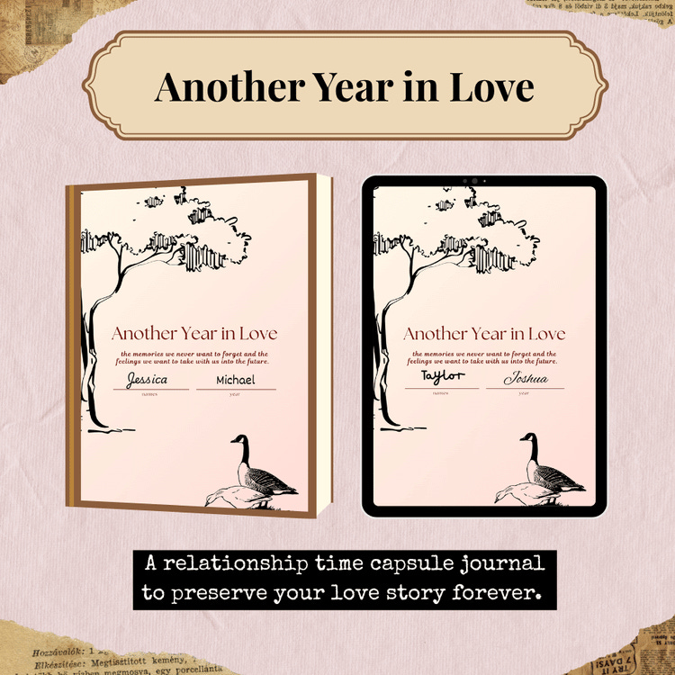 Another Year in Love couples journal showing physical book and digital tablet version with tree illustration and geese romantic time capsule design