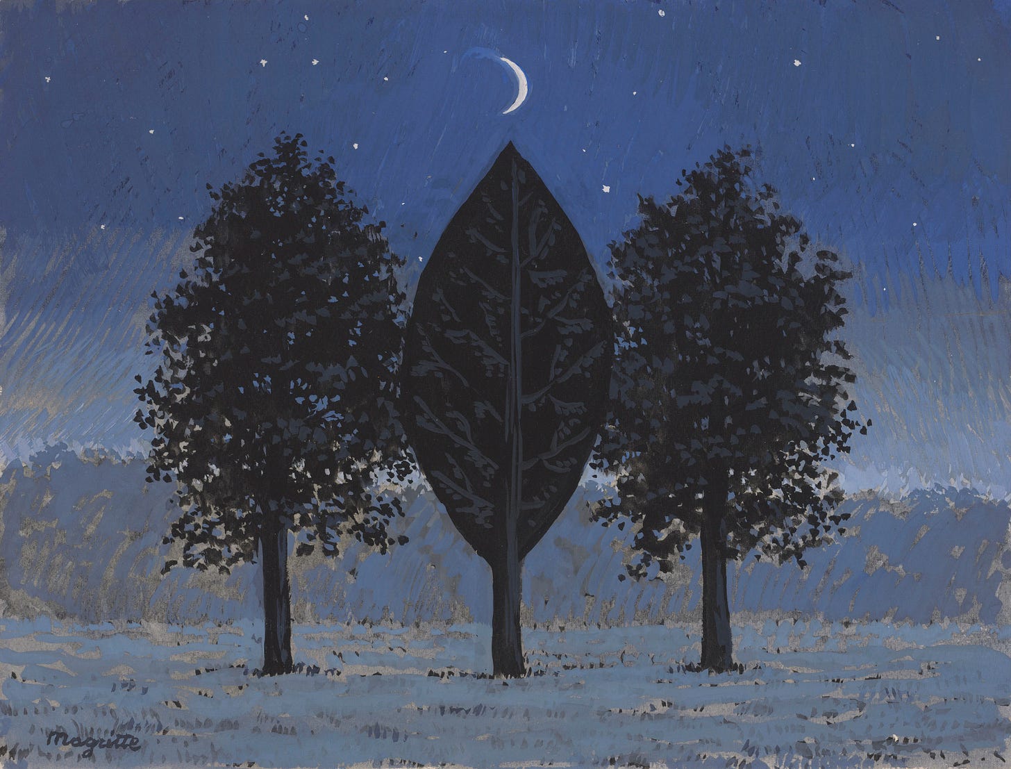 René Magritte’s 1960 version of Les barricades mystérieuses in gouache on paper.