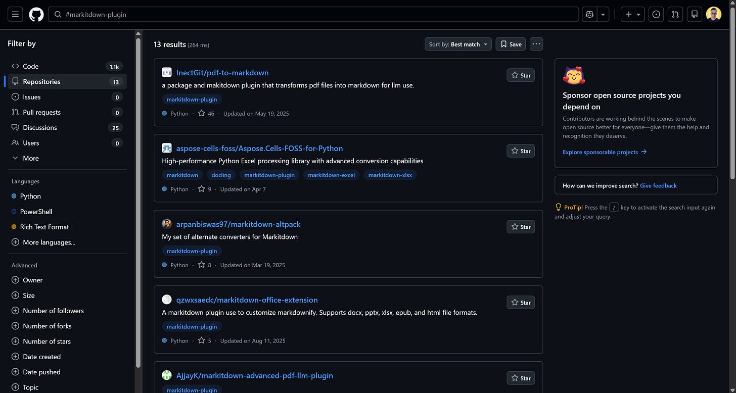 The result of a “#markitdown-plugin” hashtag search on GitHub The result of a “#markitdown-plugin” hashtag search on GitHub