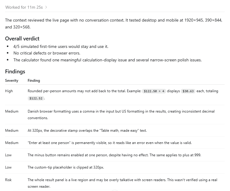 Subagent results after 11 minutes: seven findings ranked High to Low, including rounding errors in split amounts and narrow-screen layout issues