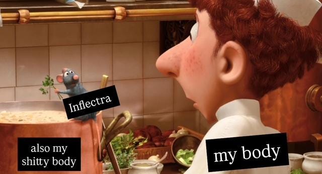 Screencap from Ratatouille: Remy the rat perches on the edge of a soup pot, about to throw in some herbs. The human chef, Linguine, looks on in disbelief. Linguine has been labeled "my body"; Remy "Inflectra;" and the pot, "also my shitty body."