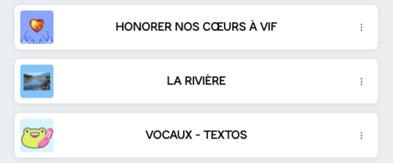 Screenshot de mon linktree où on voit la liste des mes propositions d'accompagnement: Honorer nos cœurs à vif, La Rivière, Vocaux-Textos.