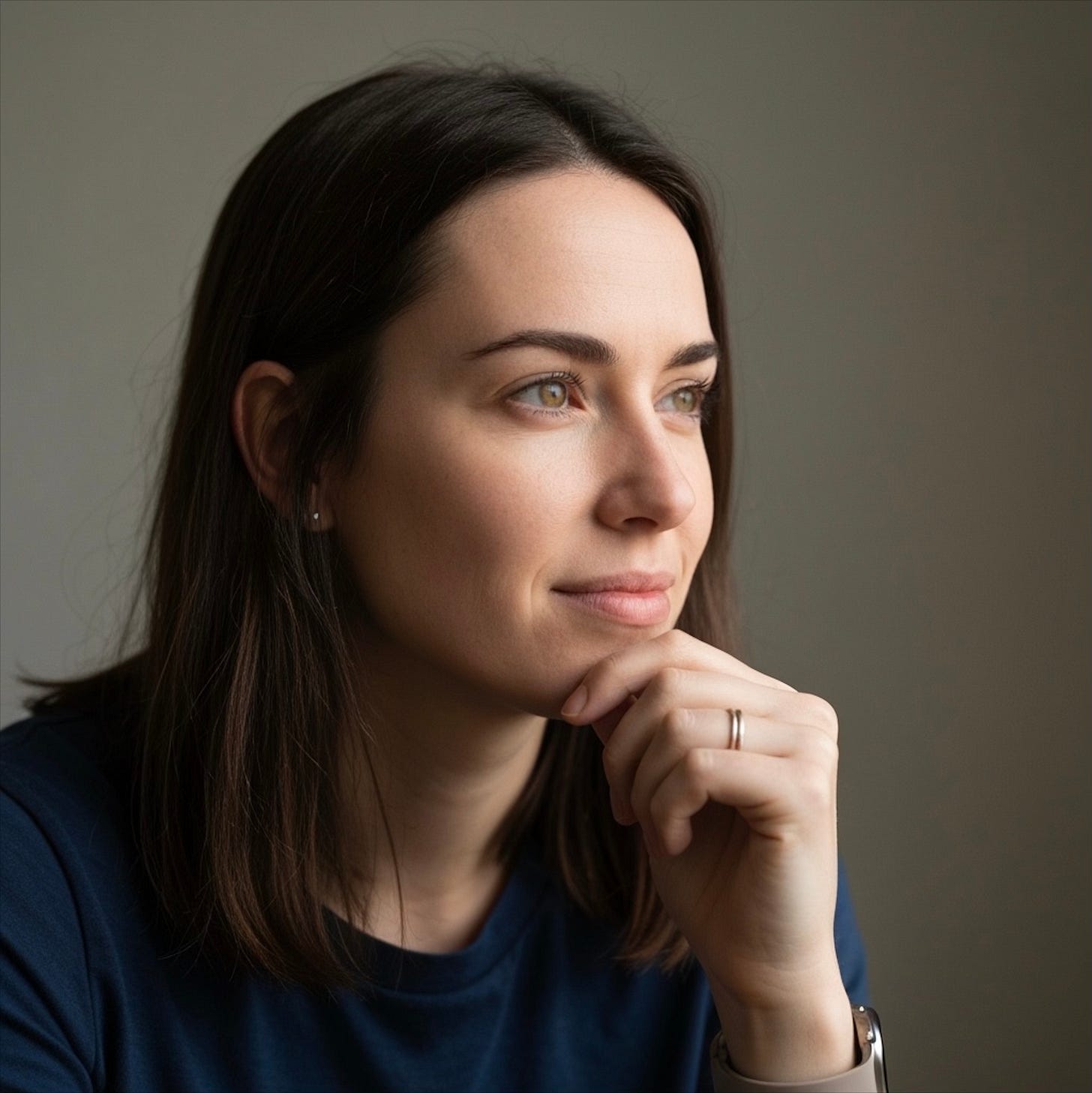 Woman in her late 30s pausing, looking inward to the right in soft window light, symbolizing a productive pause before action.