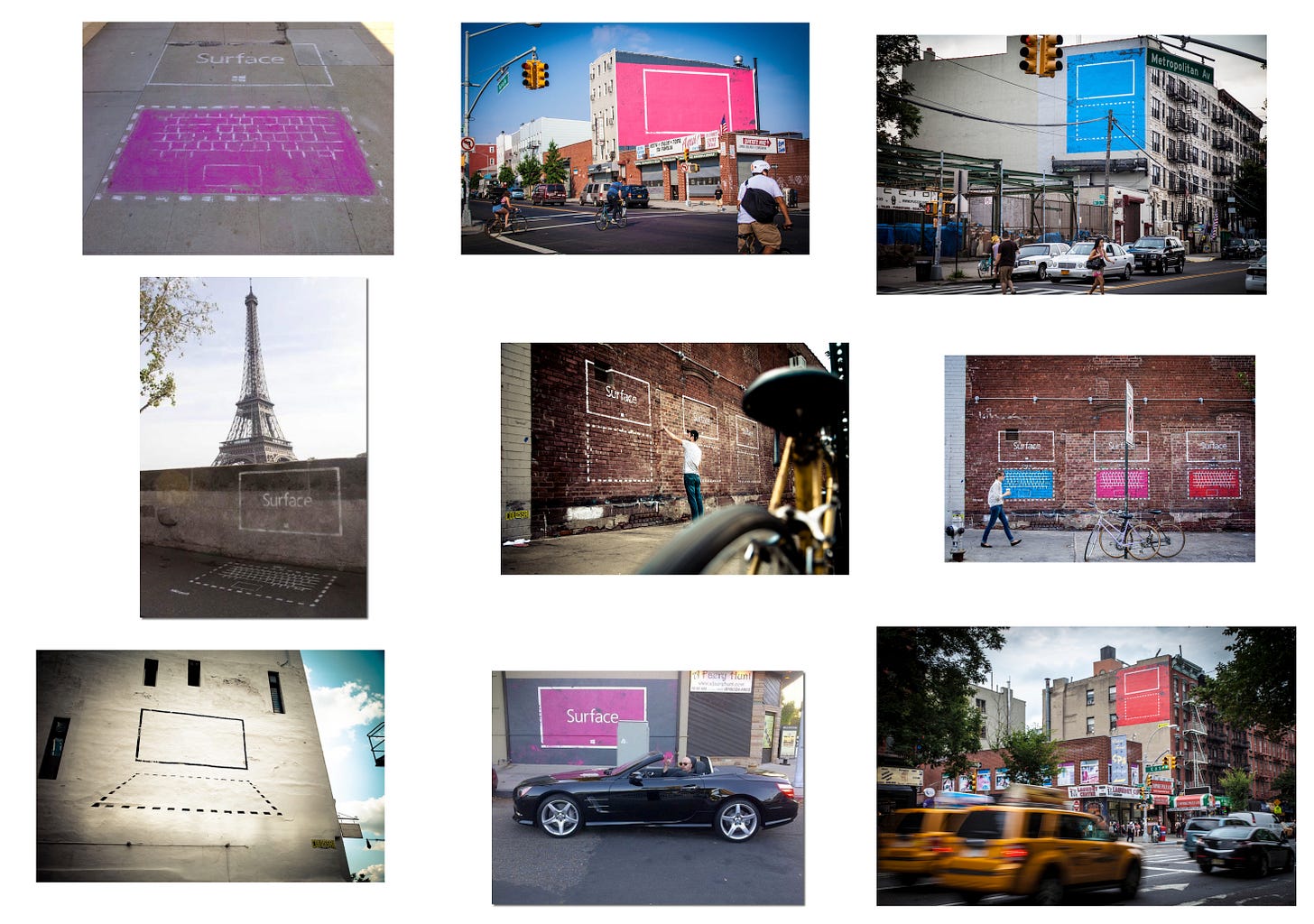 various photos of urban settings with street art showing the Surface keyboard and logo. various photos of urban settings with street art showing the Surface keyboard and logo.