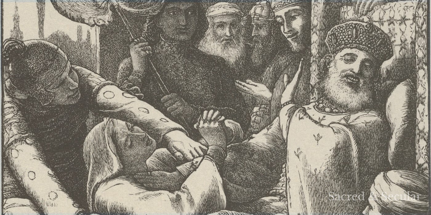A detailed nineteenth-century black-and-white engraving depicting the biblical parable of the persistent widow. A determined woman confronts an unjust judge, seeking justice despite his repeated refusal to hear her case.