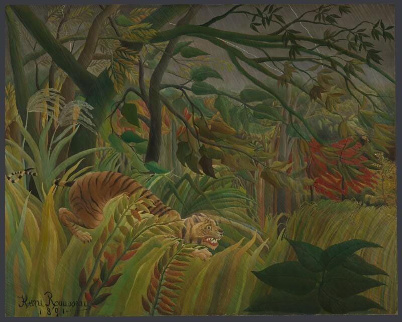Rousseau painting of a tiger crouched in dense jungle foliage during a storm Rousseau painting of a tiger crouched in dense jungle foliage during a storm