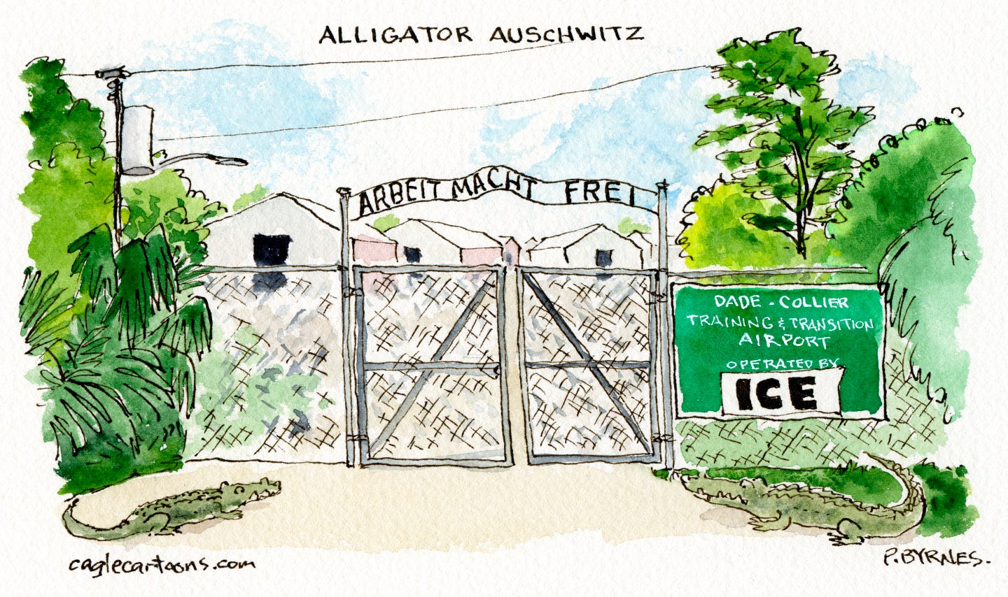 This editorial cartoon is titled “Alligator Auschwitz”. It depicts the front gates of a detention center in Florida. Alligators are nearby and a sign on the foreboding fence reads, “Dade-Collier Training and Transition Airport operated by ICE.” Above the front gates are the words, “Arbeit Macht Frei.”