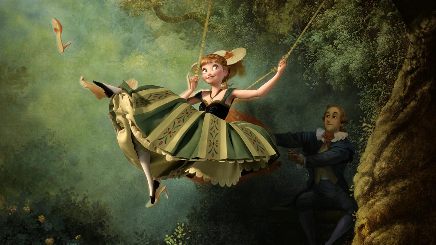 Anna jumps up to mimic the pose of a woman on a swing in Disney's Frozen