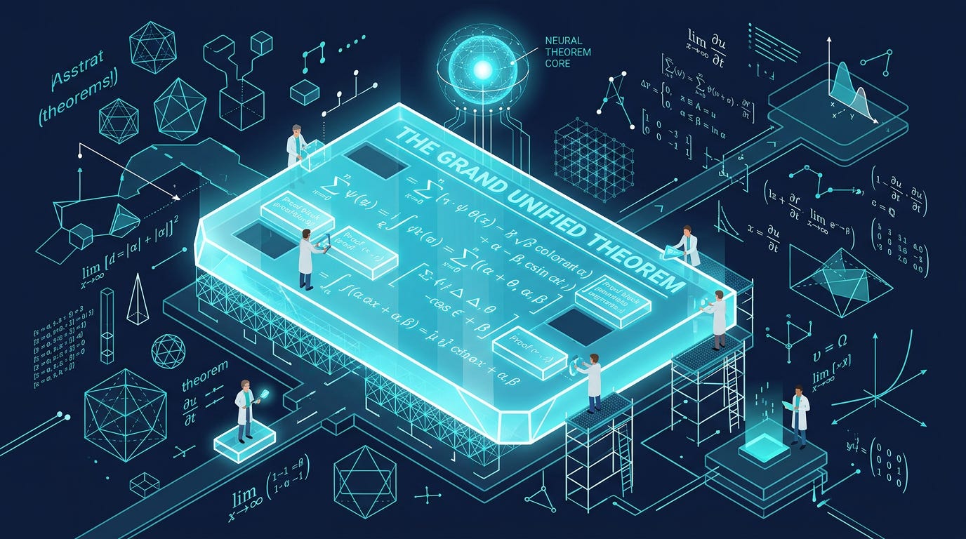 Flat isometric illustration of a giant glowing mathematical theorem carved into a crystal tablet, surrounded by floating geometric shapes, lattice structures and equations, tiny mathematicians placing glowing proof blocks into the tablet while an AI core hovers above, dark navy background, clean vector art style, bright cyan and white color palette, premium science editorial aesthetic Flat isometric illustration of a giant glowing mathematical theorem carved into a crystal tablet, surrounded by floating geometric shapes, lattice structures and equations, tiny mathematicians placing glowing proof blocks into the tablet while an AI core hovers above, dark navy background, clean vector art style, bright cyan and white color palette, premium science editorial aesthetic