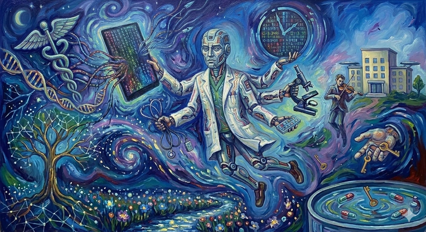 Science fiction themed image depicting medical robots, tablets, pharmaceuticals, health facilities to demonstrate the theme of bioengeering and ethics in health technology. Science fiction themed image depicting medical robots, tablets, pharmaceuticals, health facilities to demonstrate the theme of bioengeering and ethics in health technology.