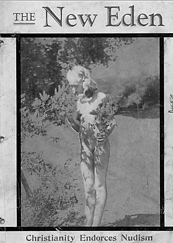Two black-and-white magazine covers from The New Eden, a late-1930s Christian naturist publication edited by Floyd M. Gurley. Left: A nude woman stands outdoors holding leafy branches in front of her torso, with the headline “Christianity Endorses Nudism” printed beneath the masthead. Right: A seated nude woman smiles at the camera while sitting on grass, legs crossed, with cover text referencing Jesus Christ, diet, and health. Both covers juxtapose explicit nudity with religious messaging and period typography.