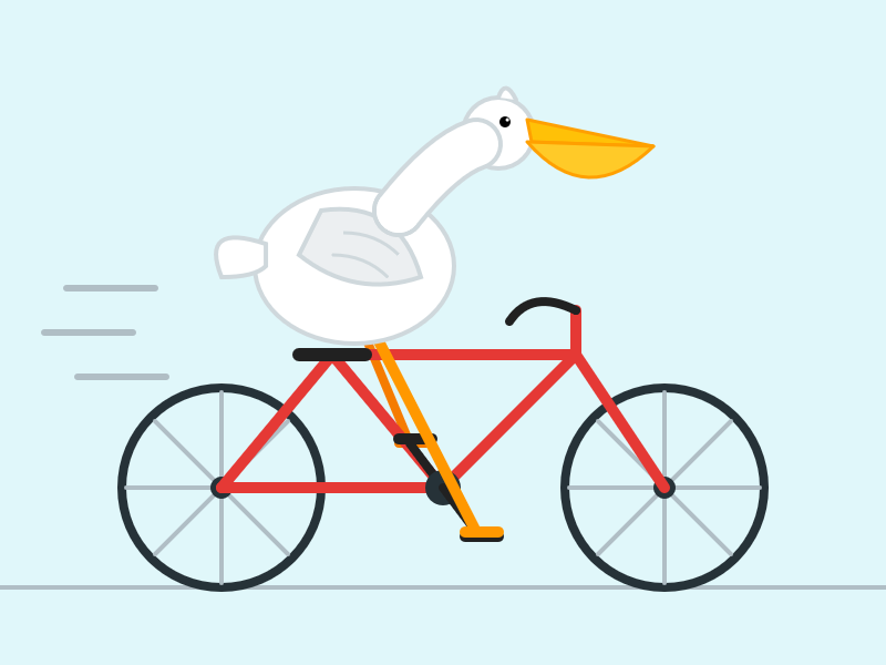 Flat-style cartoon illustration  of a white pelican with a large orange beak riding a red bicycle across a pale blue background, its long orange legs stretched down to the pedals, with gray horizontal motion lines behind it suggesting speed.