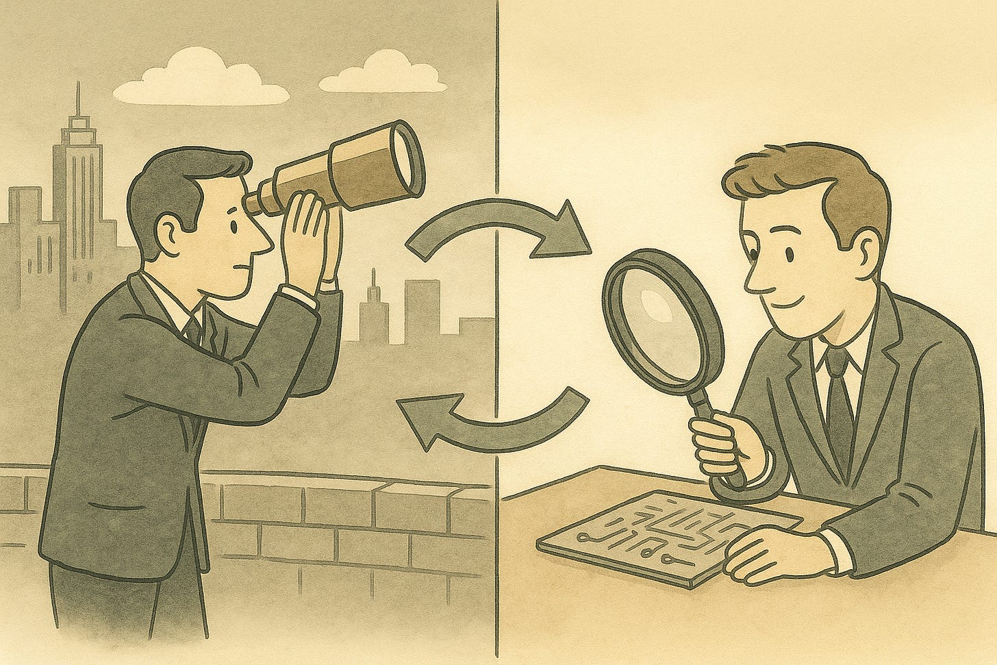 Diagram showing the Full-Spectrum StrAItegy framework: Zoom Out, Zoom In, Synthesize