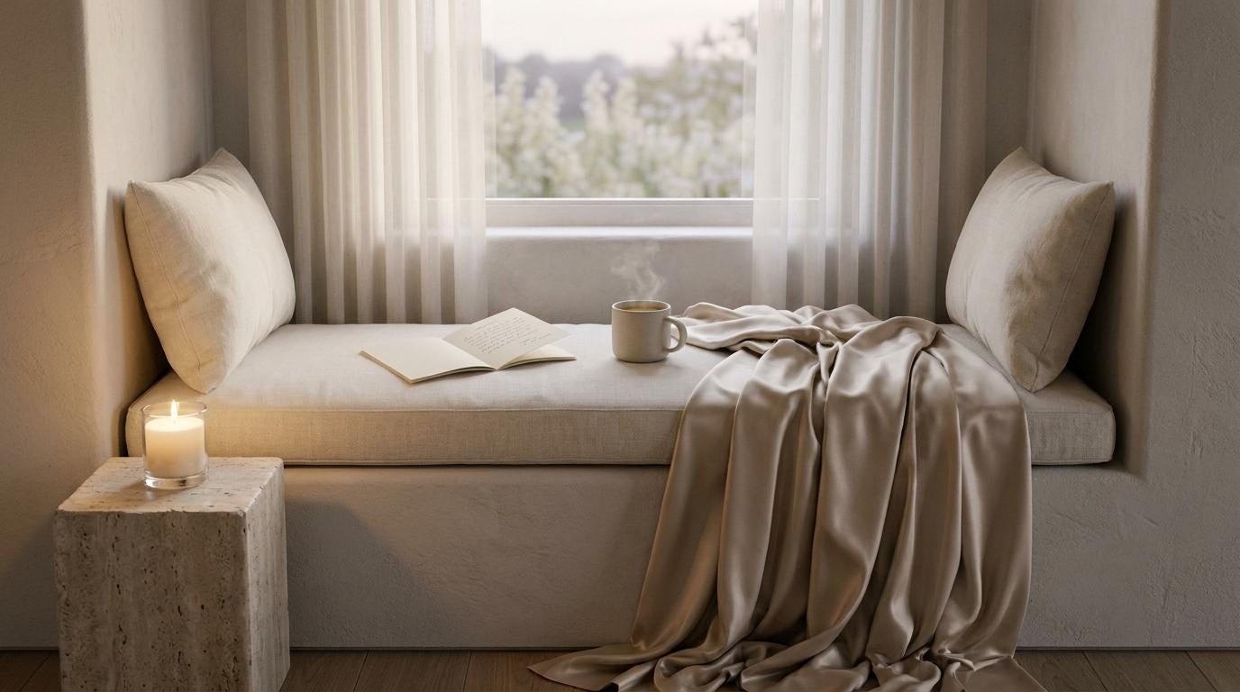 Landscape image of a plaster window nook with a linen bench, an open cream booklet, a steaming mug of pale tea, champagne satin, and one candle on a travertine block in soft ivory light.