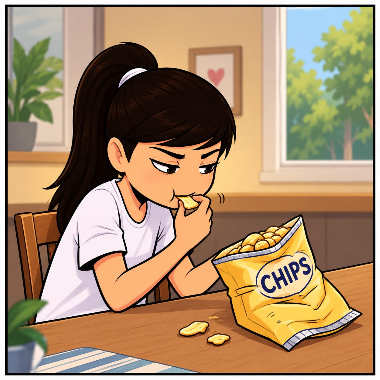 Zara secretly eats chips before dinner